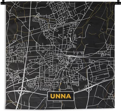 Wandkleed - Wanddoek - Black and Gold – Stadskaart – Unna – Duitsland – Plattegrond – Kaart - 180x180 cm - Wandtapijt