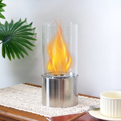 JHY DESIGN Bio Ethanol Haarden - Sfeerhaard - Bio-Ethanol Tafelhaard - Binnen & Buiten - Met Cilindrisch Glas - 25 cm Hoog - Roestvrij Staal