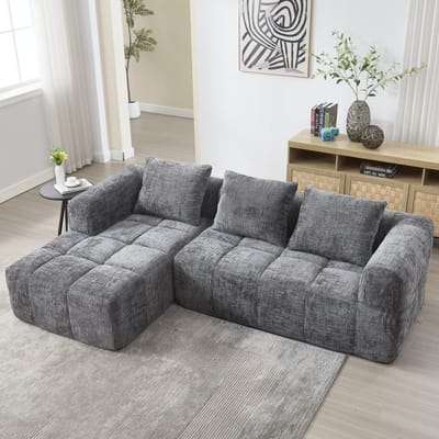 3-zitsbank, Moderne Hoekbank, L-vormige Bank, geen Montage Nodig, Chenille Bank met Chaise Longue en Armleuningen, 3 Kussens, Zijvak voor Afstandsbediening, Grijs