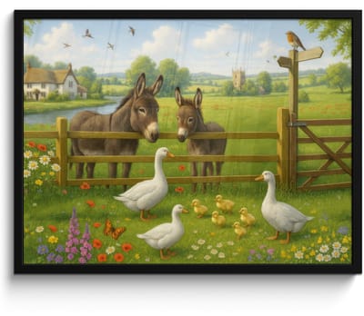 Poster in lijst - Fotolijst 80x60 cm - Posters - Ezels - Ganzen - Kleurrijk - Posterlijst zwart - Decoratie - Wanddecoratie woonkamer - Muurdecoratie slaapkamer