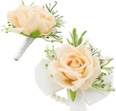 Bloemen Set - Polsbandje en Speld - Feestelijke Decoratie - Handgemaakt Ontwerp - 2 Delig - Champagne