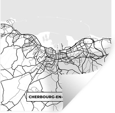 Muurstickers - Sticker Folie - Frankrijk - Plattegrond - Cherbourg-en-Cotentin - Stadskaart - Kaart - Zwart wit - 100x100 cm - Plakfolie - Muurstickers Kinderkamer - Zelfklevend Behang XXL - Zelfklevend behangpapier - Stickerfolie