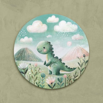 Rond canvas schilderij ⌀60 cm handgeschilderd dinosaurusje speels kleurrijk – YS-Art Gallery – Vrolijke wanddecoratie voor kinderkamer en woonkamer