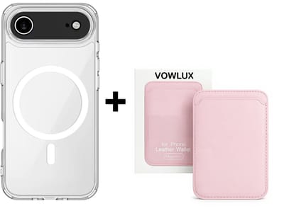 VOWLUX Compatible MagSafe Hoesje voor iPhone 17 Air Transparant – Inclusief Roze Wallet Pasjeshouder – 24 Magneten – Kunstleer – 3 Kaarten – Shockproof Case