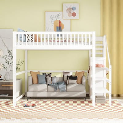 VVBV Houten Hoogslaper 140x200 cm met Kledingkast, Planken - Trap/Ladder, Voor Kinderen/Tieners, Opbergruimte - Hout Wit
