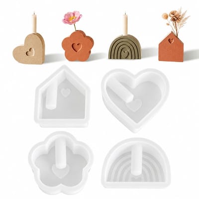 Gietvormen 4 Stuks voor Kaarsenhouder en Vaas DIY, Siliconen Mal voor Gips, Resin en Decoratie, Hart, Bloem, Regenboog en Huis Vorm