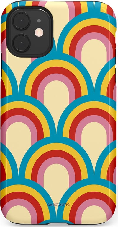 Casetastic hoesje geschikt voor Apple iPhone 11 - Dubbellaagse bescherming - Retro regenboog - Fashion Case - Lichtblauw Crème Goud Rood