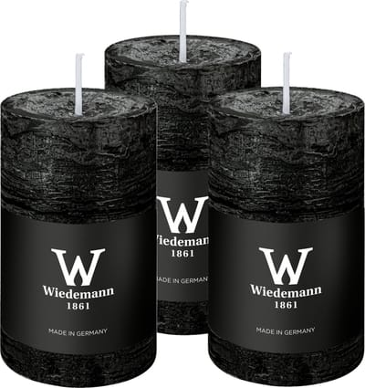 Wiedemann Cilinderkaars/stompkaars - 3x - rustieke kaars - zwart - 6 x 9 cm - 30 branduren