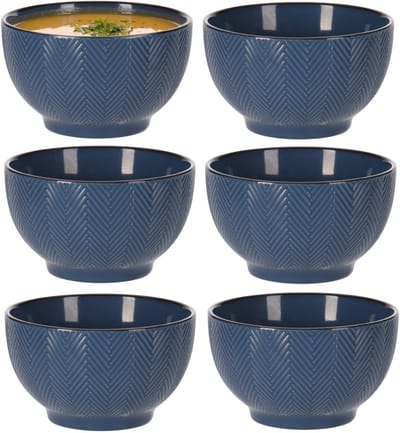 Siaki Soepkom Fishbone - 6x - blauw - 14 x 8 cm - keramiek - kommetjes/schaaltjes - 680 ml
