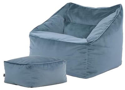 Zitzak Fauteuil - Poef met Hocker - Ontspannen Zitten - Luxe Velours Stof - 100x88cm - Lichtblauw