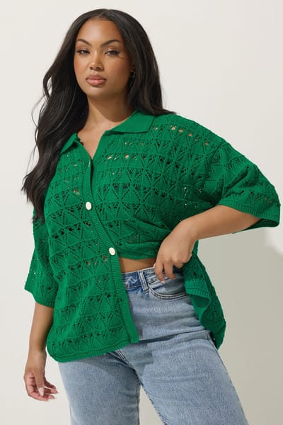 Limited Collection Gehaakte Top Met Knoopsluiting En Korte Mouwen In Groen Size 54-56