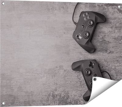 Gards Tuinposter Twee Game Controllers op Tafel - Gaming - 80x60 cm - Tuindoek - Tuindecoratie - Wanddecoratie buiten - Tuinschilderij