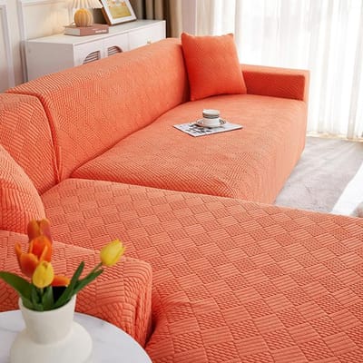 Jacquard effen kleur bankhoezen stofdicht stretch L-vormige hoekbank hoes voor woonkamer kantoor afneembare bankhoezen 1 seater (90-140cm) oranje