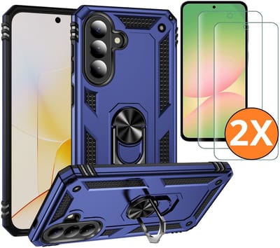 Hoesje Geschikt voor Samsung Galaxy A57 4G / 5G Hoesje Blauw Anti-Shock Hybrid Armor hoesje Met Draaibare Ring Houder - Samsung A57 Screenprotector 2 pack