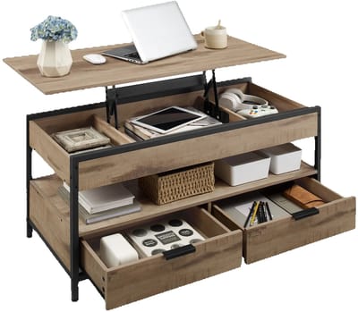 Noventra verstelbare salontafel-salontafel met lade-salontafel met opbergruimte-lift top tafel-100x50x48 cm-hout/metaal-zwart/houtkleur