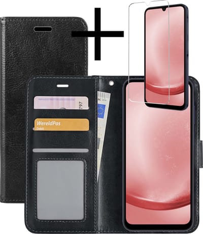 Hoesje - Met Screenprotector - Geschikt voor Samsung Galaxy A25 - Luxe Pasjeshouder - Bookcase Portemonee - Flip Case - Kunstleer Book Case - Flipcase - Book Cover - Walletcase - Portemonneehoes - Zwart