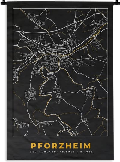 Wandkleed - Wanddoek - Pforzheim - Goud - Plattegrond - Stadskaart - Duitsland - Kaart - 120x180 cm - Wandtapijt