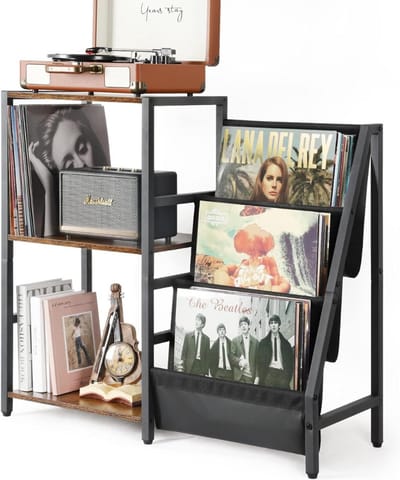 DailySupplies® Platenspeler Meubel – Stand Platenspelerstandaard Met Vinyl Opbergsysteem - RustiekePlatenopbergkasthouderr