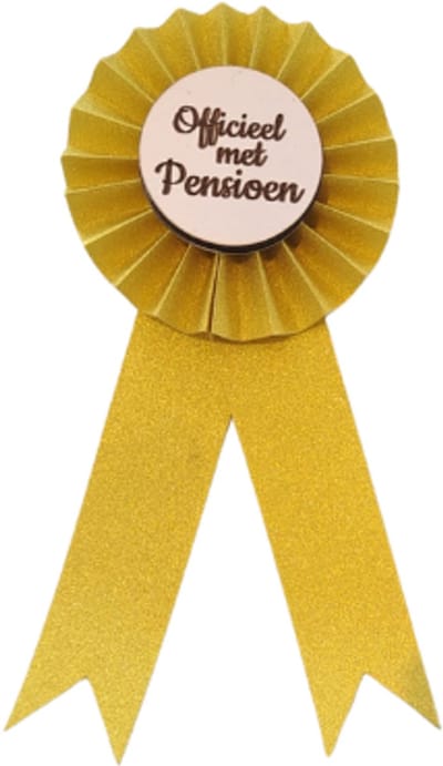 R Giftcompany pensioen cadeau collega afscheidsfeest Leuke Rozet laatste dag feest "Verras je collega met een unieke pensioenrozet – een stijlvolle én speelse manier om hun afscheid extra speciaal te maken!"