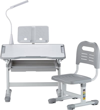 Verstelbaar Bureau en Stoel Set voor Kinderen - Met Lamp en Kantelbaar Blad - Ideaal voor Slaapkamer - Grijs