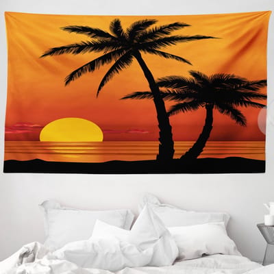 ABAKUHAUS Wandtapijt en Sprei met Palmboommotief, Oranje Ombré Zonsondergang en Bomen, 230 x 140 cm, Meerkleurig