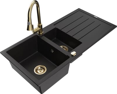 Mexen Andres granieten spoelbak 1,5-kamer met afdruiprek en keukenkraan Elia, zwart - 6515-77-670101-50