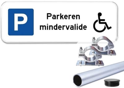Parkeerbord Mindervalide - Weerbestendig Aluminium - 40x15 cm - Bevestiging: Met paal 120 cm + paalbeugels + paaldop