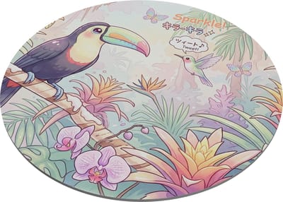 Ronde Muismat Kawaii Jungle Toekan en Kolibrie Tropische Vogels Bloemen Japanse Anime Stijl Pastel Kleuren Bureau Accessoire Kantoor Thuiswerkplek Cadeau voor haar: Vriendin & Collega Schattige Natuur Botanische Print Sparkle Tweet