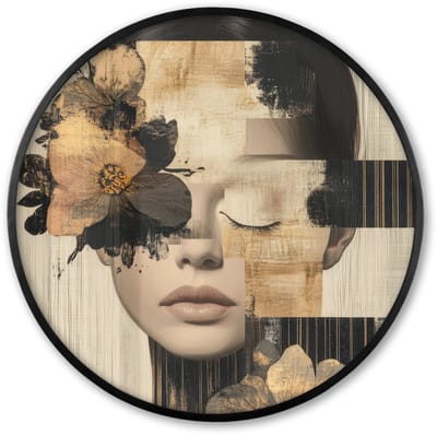 Poster in lijst Rond - Fotolijst 60x60 cm - Posters - Gezicht - Bloemen - Zwart - Vrouw - Ronde posterlijst zwart - Decoratie - Wanddecoratie woonkamer - Muurdecoratie slaapkamer