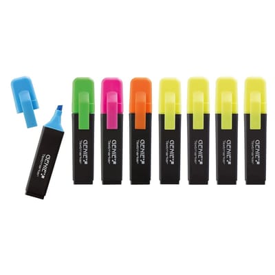 Genie 40028 Markeerstiften - 1x Blauw/ Groen/ Oranje/ Roze, 4x Geel - Inkt op waterbasis - Beitelvormige punt 1-5 mm - Set van 8 stuks