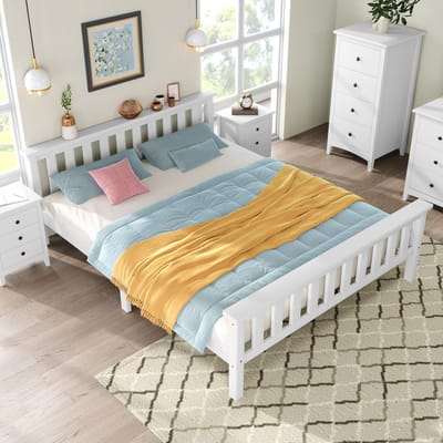 Tweepersoonsbed 140x200 met Lattenbodem - Houten Bed met Middenbalk en Opbergruimte - Massief Grenen Wit Bedframe