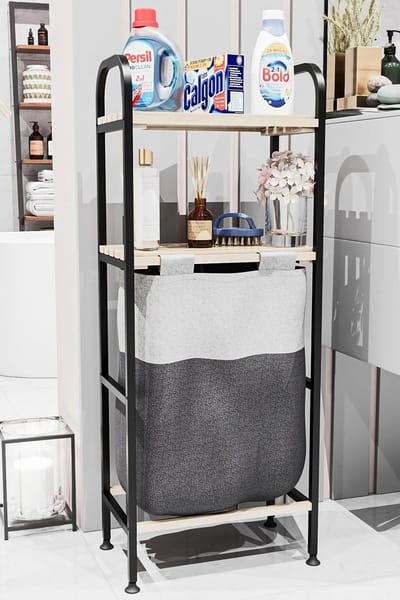 STAR&STER Wasmand Met Houten Planken Vuile Mand 2 Lagen Groot Formaat Multifunctionele Badkamer Organizer Met Deksel HOGE KWALITEIT