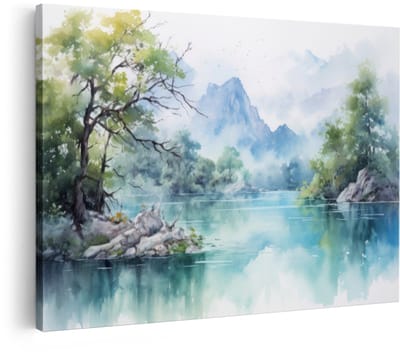 Artaza Canvas Schilderij Landschap - 120x80 cm - Wanddecoratie Natuur - Muurdecoratie Bergen - Decoratie Aquarel Rivier - Schilderijen Op Canvas
