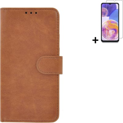 MoDo hoesje Geschikt voor Samsung Galaxy A14 5G - Kunstleer Book Case - Bruin hoesje met screenprotector