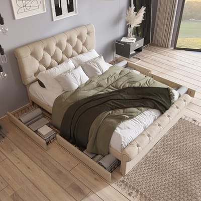 VVBV Gestoffeerd Opbergbed 140x200 cm - 4 Lades, Linnen, Massief Hout, Metaalframe, Naturel, Zonder Matras, Metaal