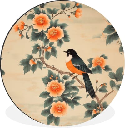 WallCircle - Wandcirkel - Muurcirkel - Vogel - Tak - Bloemen - Oranje - Aluminium - Dibond - 30x30 cm - Binnen en Buiten