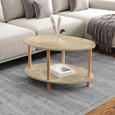 Elegante ovale salontafel met onderplank in travertijn en hout, 70x44x43 cm