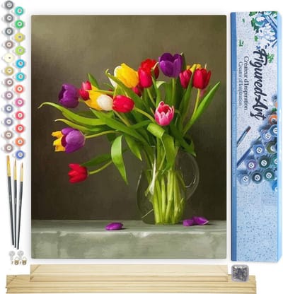 Figured'Art Schilderen op Nummer Volwassenen canvas Kleurige bloemen - Handwerk acrylverf Kit DIY Compleet - 40x50cm met DIY houten lijst