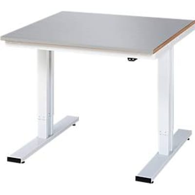 Rau werktafel Adlatus, elektrisch in hoogte verstelbaar, 25 mm MDF-plaat met roestvrijstalen coating, tot 300 kg, B 1000 x D 1000 x H 720-1120 mm, zilver/lichtgrijs