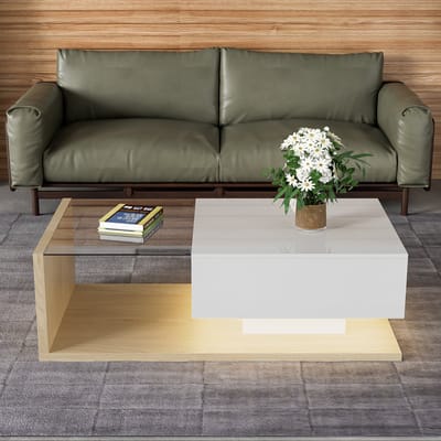 Wishdor Salontafel 105x55x32,5 cm van spaanplaat en gehard glas, hoogglans wit en naturel hout, met 16-kleurige LED