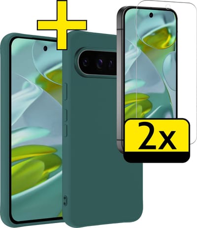 Hoesje - Met 2x Screenprotector - Geschikt voor Google Pixel 9 Pro - Sterk & Shockproof - Back Cover - Siliconen Case - Telefoon Hoes - Telefoonhoesjes - Donkergroen