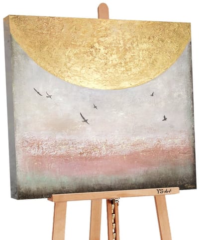 Canvas schilderij vierkant handgeschilderd zonne-energie II zon abstract – YS-Art Gallery – Energieke wanddecoratie voor woonkamer – Modern schilderij voor kantoor en hal