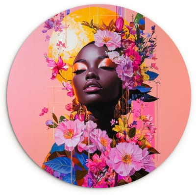 WallCircle® Wandcirkel 120x120 cm - Muurcirkel Kleurrijk - Bloemen - Vrouw - Zon - Muurdecoratie woonkamer - Wanddecoratie slaapkamer - Kamer decoratie accessoires - Ronde schilderijen XXL