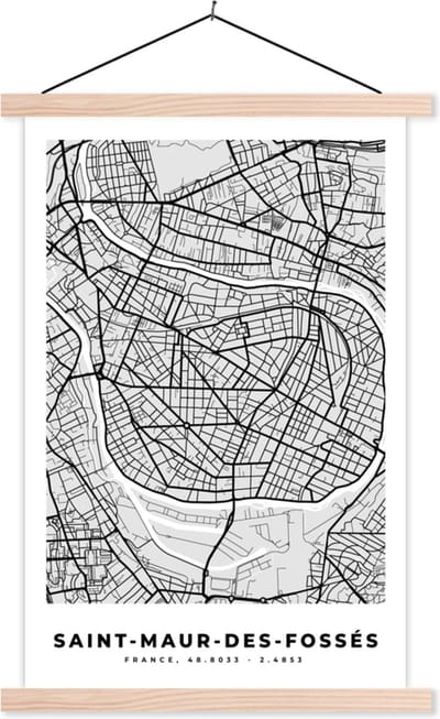Posterhanger incl. Poster 40x60 cm - Schoolplaat - Frankrijk - Plattegrond - Kaart - Saint-Maur-des-Fossés - Stadskaart - Textielposter - Blanke latten - Stadskaart