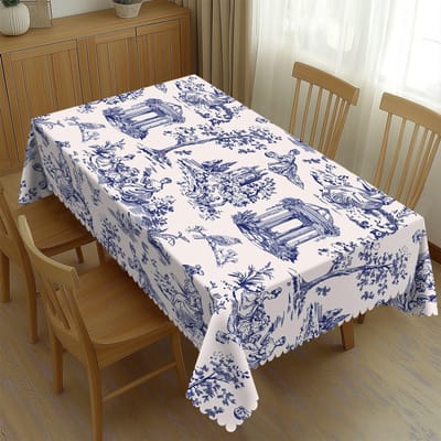 Blauw Witte Toile De Jouy Print Tafelkleed, Waterdichte Vlekbestendige Tafelhoes voor Keuken Eetkamer Feest 90x140cm
