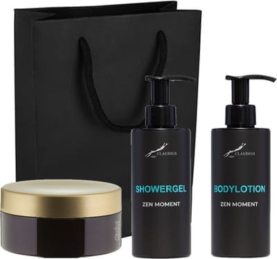 Douchepakket Zen Moment - Showergel + Bodylotion + Scrubzout 300 gram - 300 ml per fles - set van 3 stuks - met luxe gift tas - cadeau - giftset voor hem en haar