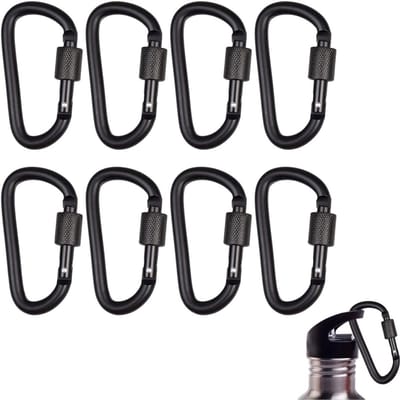 8-pack zwarte karabijnhaakclips met schroefketting, duurzame karabijnhaakclips van aluminiumlegering, kampeersleutelhangeraccessoires voor buiten, reizen, vissen, wandelen