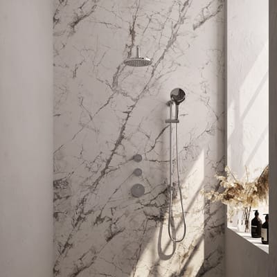 Brauer Chrome Carving thermostatische inbouw regendouche SET 21 met 20 cm douchekop en gebogen muurarm en 3-standen handdouche en doucheslang en geïntegreerde glijstang chroom