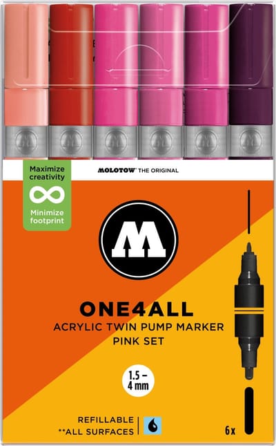 MOLOTOW ONE4ALL TWIN Acrylstiften Set - Roze - 6x (1,5+4mm) - Pink Set