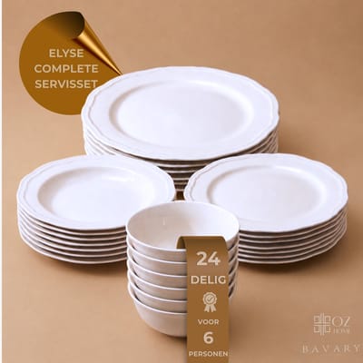 OZ Home Bavary Elyse Serviesset 24-delig - Witte Porseleinen Bordenset - Voor 6 Personen - Compleet Servies